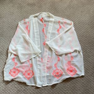 Bethany Mota Embroidered Sheer Kimono Cardigan – White & Coral – M/L